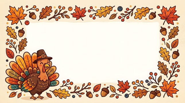 Thanksgiving turkey vector background illustration with autumn leaves, acorns, and copy space