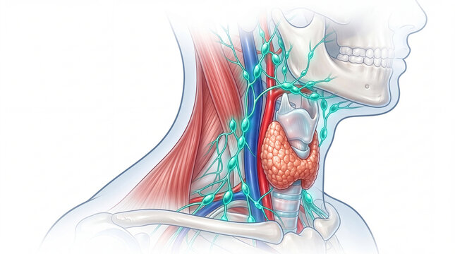 Thyroid gland anatomy with cervical lymph nodes rendered in a detailed medical illustration with muscles, blood vessels, and trachea on white for endocrinology and healthcare education