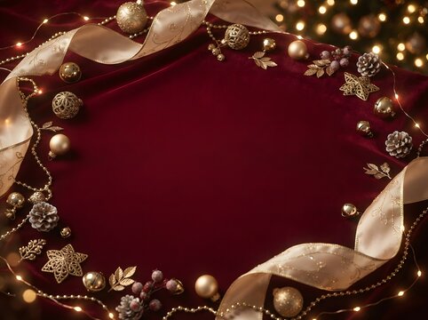 Christmas background photo with gold decorations and red velvet copy space