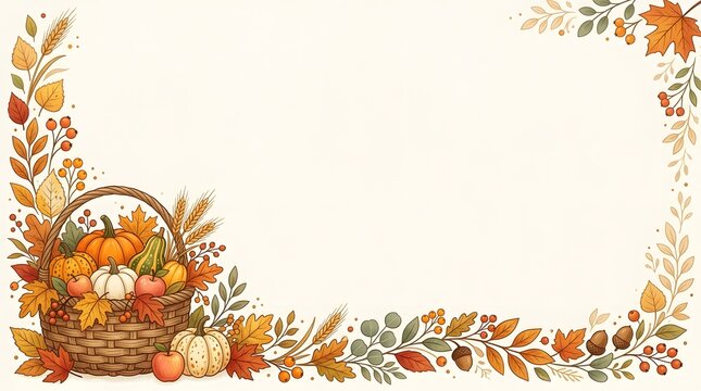 Autumn background vector illustration with fall foliage leaves, pumpkins in basket, and blank copy space