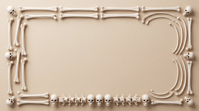 Decorative frame border made of human skulls and bones arranged on a solid neutral beige background isolated on transparent background