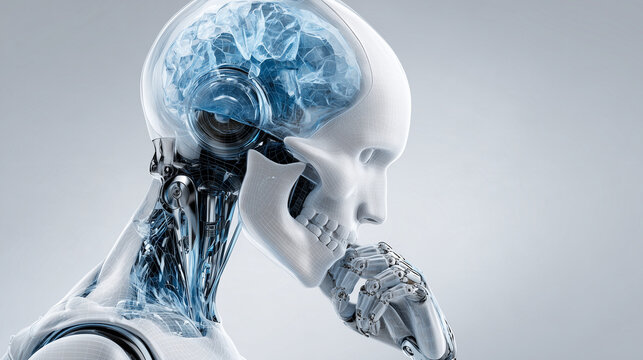 Pensive Glass-Skinned Humanoid Robot in Minimalist Art Poster

