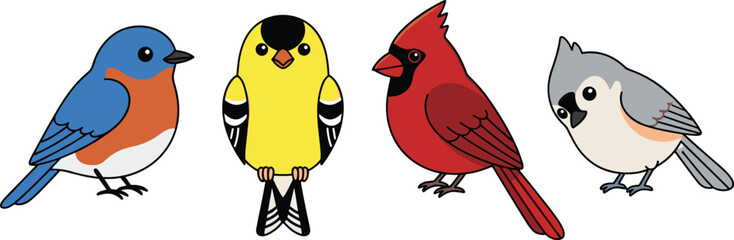 Fototapeta premium Cute North American Songbird Vector Cartoon Character Set Featuring Bluebird Goldfinch Northern Cardinal and Tufted Titmouse Illustrations for Wildlife and Nature Designs