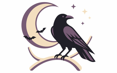 Fototapeta premium A spooky Halloween scene featuring a raven perched before a crescent moon and twinkling stars