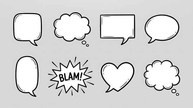 Set of hand-drawn speech and thought bubbles with a comic book style blam explosion on gray background