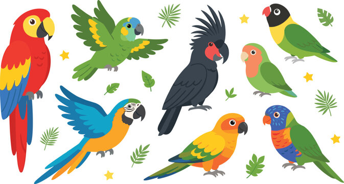 Tropical Parrot Vector Character Collection Featuring Macaw Cockatoo Lovebird and Conure Illustrations with Exotic Leaves for Jungle and Wildlife Creative Designs