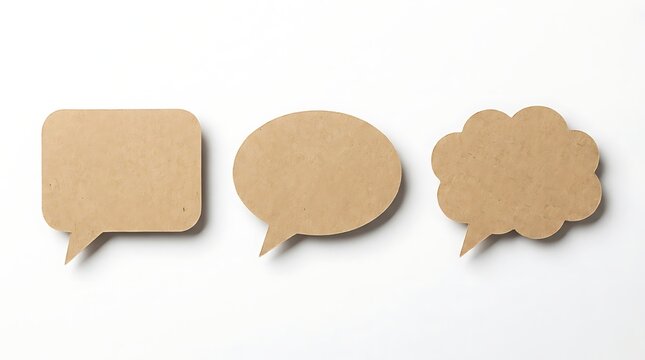 Three cardboard speech bubbles arranged in a row on a clean white background with copy space