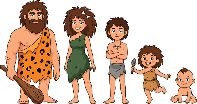 Cute Caveman Family Cartoon Character Vector Set Featuring Prehistoric Stone Age Parents, Kids, and Baby for History and Creative Graphic Designs