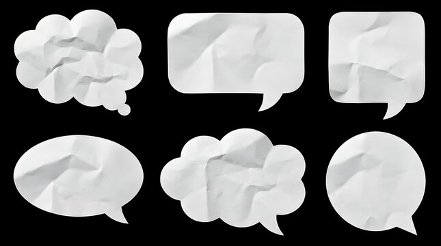 Set of white crumpled paper speech bubbles arranged in a grid against a black background