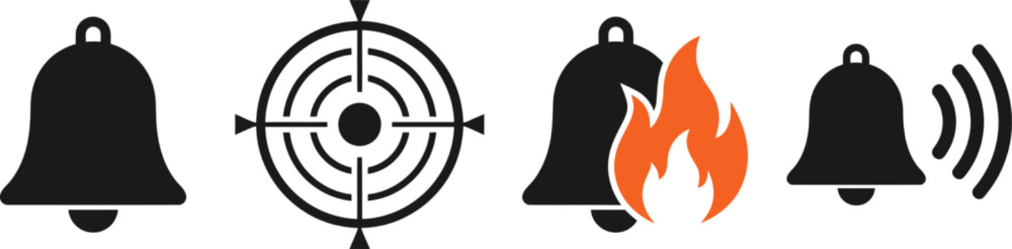 Collection of bell icons for alarm notification target and emergency alerts in black and orange color schemes with fire icon