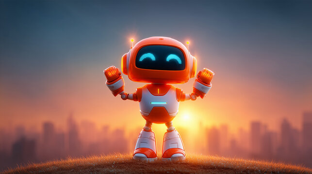 Triumphant Hero Robot Celebrating Victory at Sunrise Hilltop

