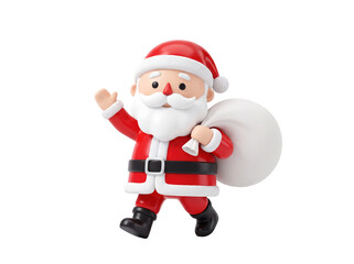 Fototapeta premium 3d cartoon santa claus waving and carrying a gift bag with suit hat on transparent background