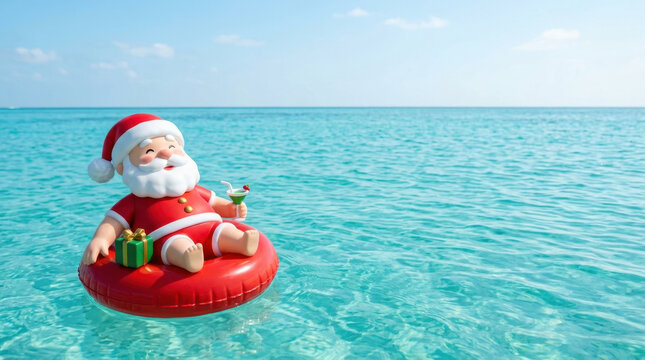 Relaxed Christmas figure floating on red inflatable ring in clear tropical ocean water under bright blue sky, creating playful holiday travel scene with calm seasonal joy