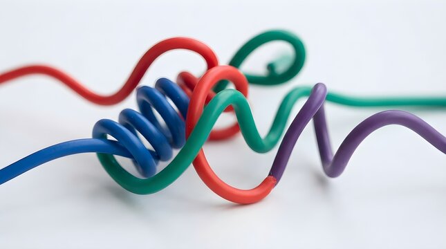  Colorful wires shaped into loops and coils on white background with red, blue, green, purple cables, creative electrical connection, playful cable art, flexible cord movement, abstract design photo