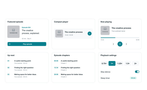 Podcast player layouts with episodes chapters queue and speed