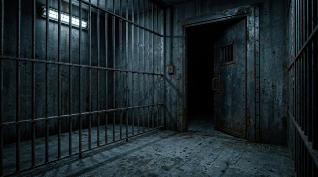 Halloween lonely prison cell corridor with open metal door and cold dramatic light creating eerie abandoned atmosphere for horror storytelling