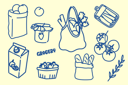 Hand Drawn Grocery Shopping vecter set. 