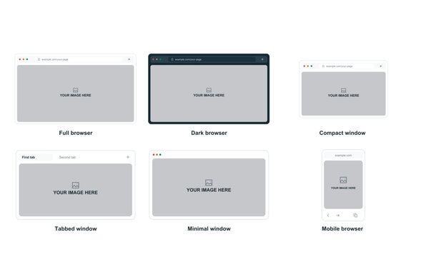 Browser window mockups with light dark and mobile layouts
