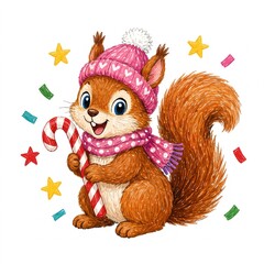 Obraz premium Adorable hand-drawn squirrel character wearing a pink winter hat and scarf holding a striped candy cane, festive holiday forest animal illustration with colorful stars on white background.