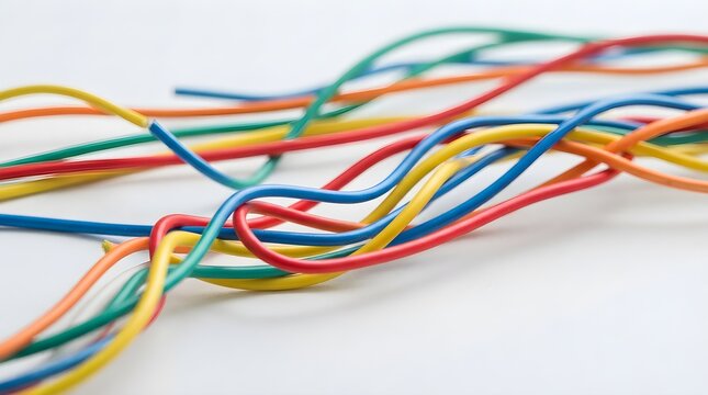 Messy bundle of colorful electrical wires on white background with red, blue, green, yellow, orange cables, tangled cord network, connection chaos, electronics repair concept, and abstract tech photo