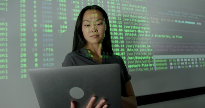 Confident Female Professional Analyzing Data on Projection screen, using Laptop