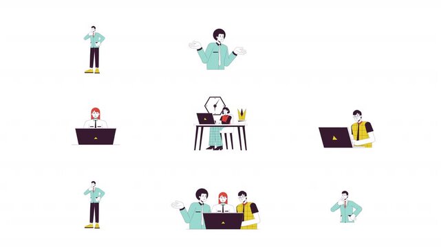 Business questions and problem solving at workplace cartoon animation pack. Colleagues team discussion. Confused office worker animated flat 4K video collection isolated on transparent background