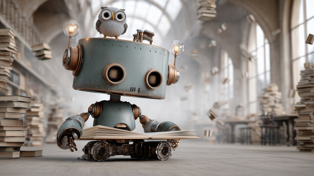 Wise Librarian Robot Reading Holographic Books in Grand Vaulted Library

