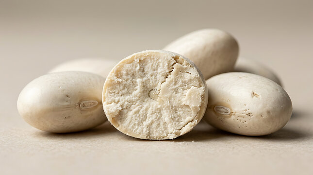 Pile of white beans, one cut in half, showing texture