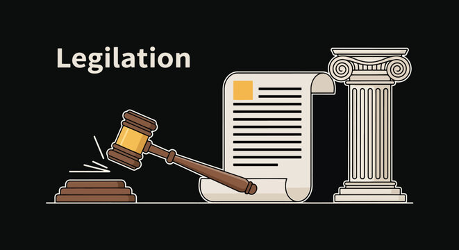 Legislation and Justice System Vector Illustration with Gavel, Scroll, and Column for Legal Concepts and Government Processes