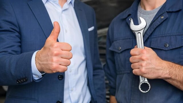 Businessman and Mechanic with Wrench Giving Thumbs Up