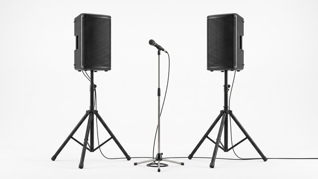 Professional black audio speakers and studio microphone on stands captured in studio on white background