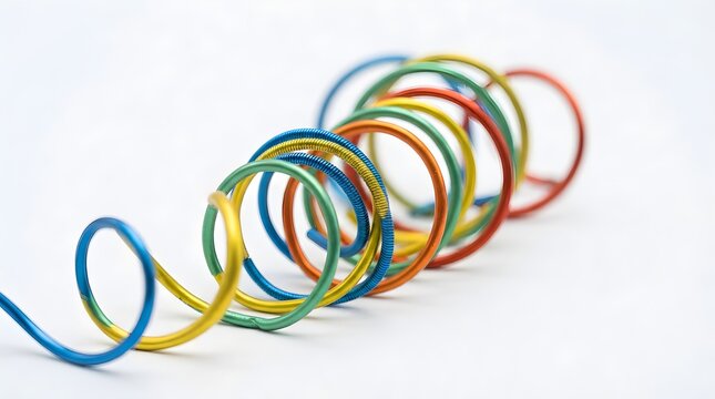  Colorful plastic toy spring coil on white background with rainbow loops, flexible spiral shape, playful motion object, educational physics concept, retro slinky design, and bright minimal product pho