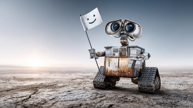 Lone Robot Rover Planting Flag Beneath Pale Blue Dot in Alien Desert

