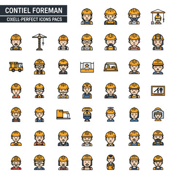 contiel foreman cixell perfect icons pacs, construction worker icons, building, engineer, hard hat, builder, vector