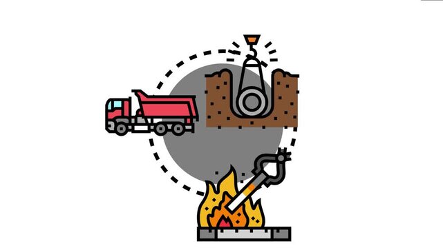 Industrial icon presenting various heavy work processes, including pipe laying with a crane, material transport by truck, and metal forging in a factory, efficiency