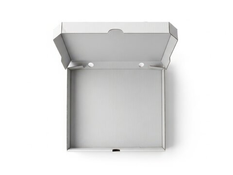 Empty cardboard pizza delivery box with cut-open lid showing neutral interior