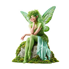Fototapeta premium Green forest nymph with mossy crown and translucent wings sitting on stone isolated on transparent background PNG element