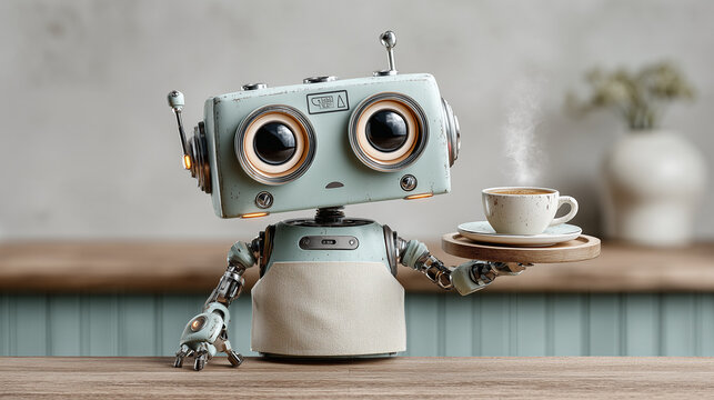 Friendly Robot Barista Serving Warm Coffee in Cozy Caf&eacute; Ambiance

