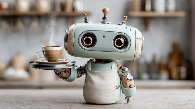 Friendly Robot Barista Serving Warm Coffee in Cozy Caf&eacute; Ambiance

