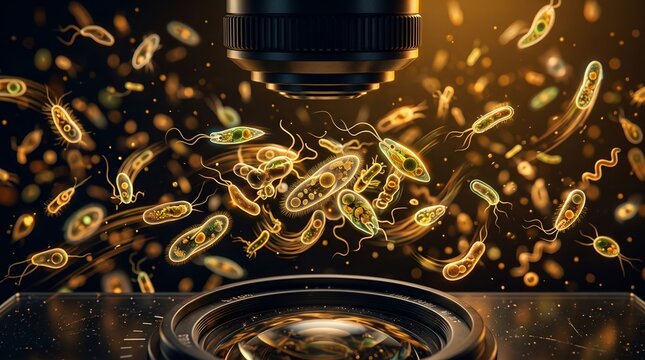 Microscopic view of bacteria and protozoa seen through a lab lens