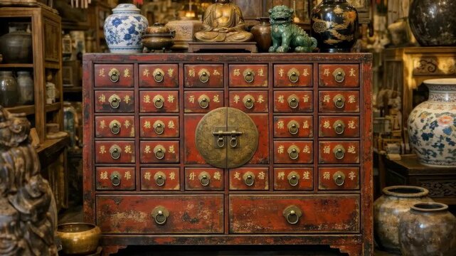 Antique Chinese Medicine Cabinet with Brass Handles in Traditional Apothecary Shop