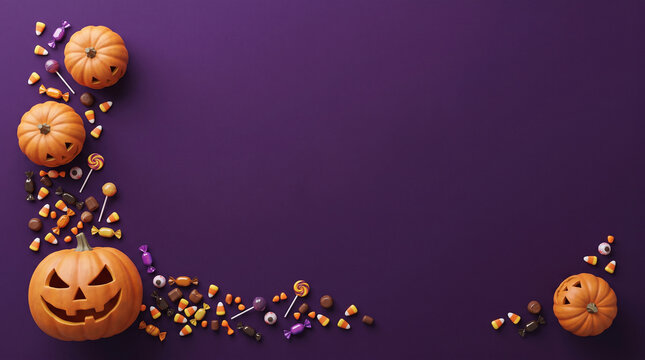 Halloween background with carved jack-o'-lantern pumpkins and assorted festive candy decorations on a dark purple surface backdrop