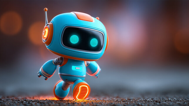 Adventurous 3D Explorer Robot Striding Holographic Map
