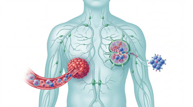 Cancer metastasis and lymphatic system diagram showing a malignant tumor, circulating cancer cells, and immune response in a lymph node on a human body silhouette for oncology research