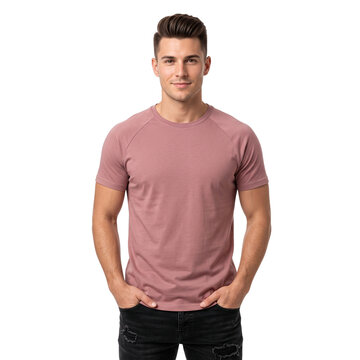 Young Man in Pink T-Shirt and Jeans, Hands in Pockets, Isolated