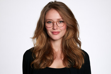 Fototapeta premium Junge Frau mit Brille und braunem Haar im schwarzen Pullover lächelt vor weißem Hintergrund, realistisches Porträt für Businesswebseiten und Bildungsmaterial.