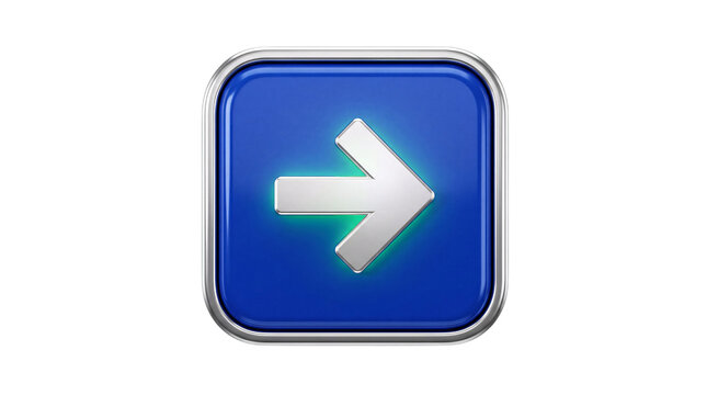 Blue square button with a white right-facing arrow on png isolated background