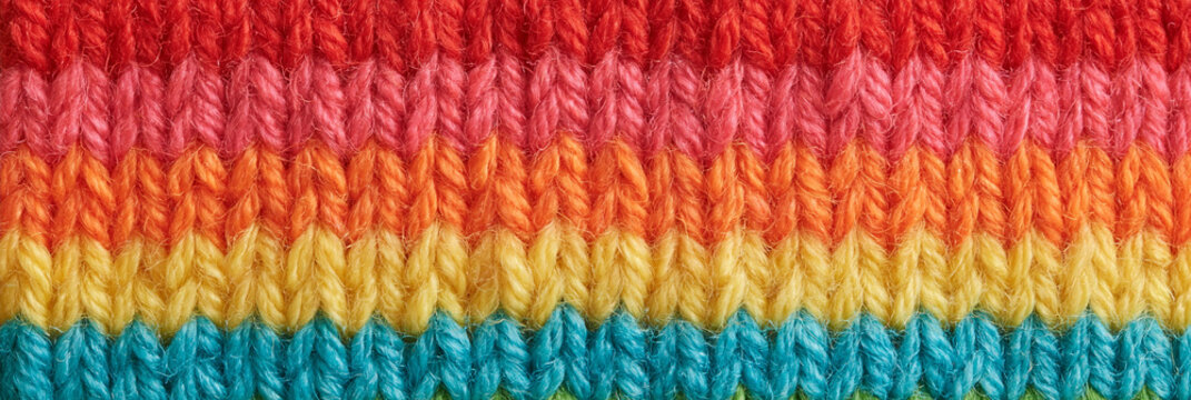 Bunt gestreifter Strickstoff mit feinen horizontalen Streifen in Rot, Orange, Gelb und T&uuml;rkis, realistische Makroaufnahme f&uuml;r Textilwerbung.