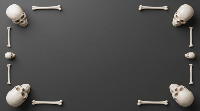 Human skulls and bones arranged in a rectangular border frame on a dark grey background for Halloween decor transparent