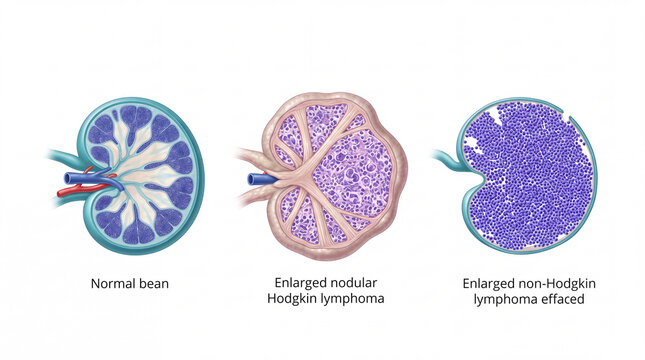 Lymph node cross section showing lymphoma pathology, illustrating normal anatomy beside Hodgkin and non-Hodgkin tumor effacement for oncology education and clinical healthcare diagnostics